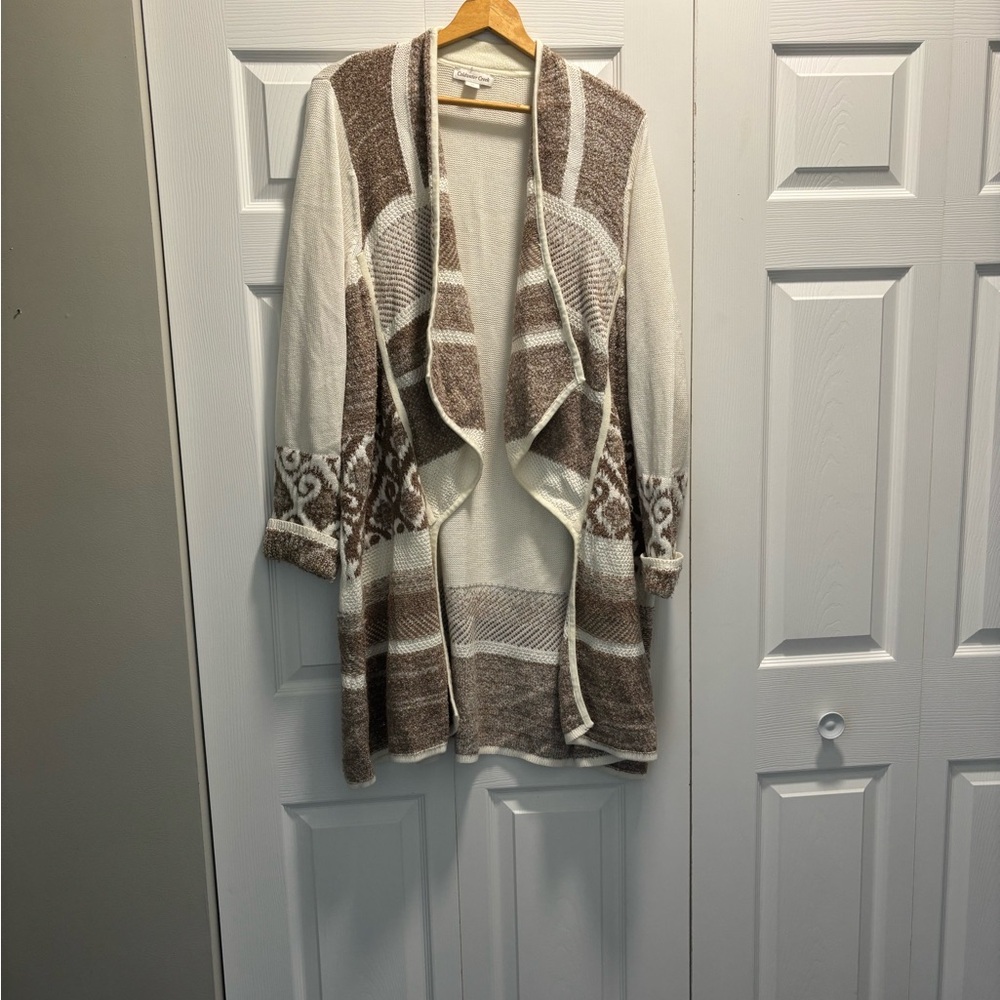 Coldwater Creek Cream and Brown Open Cardigan